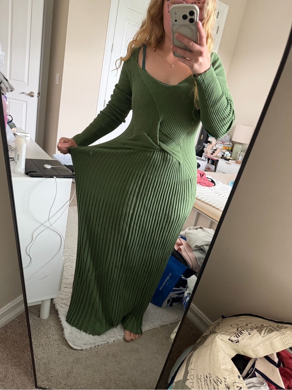 Free People Olive Green Long Sleeve Ribbed Twist-Front Maxi Dress - Picture 5 of 11